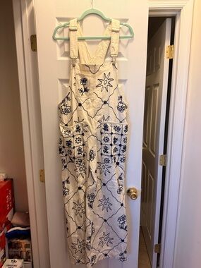 Free people rising sun Cream Embroidered Overalls Navy Motif